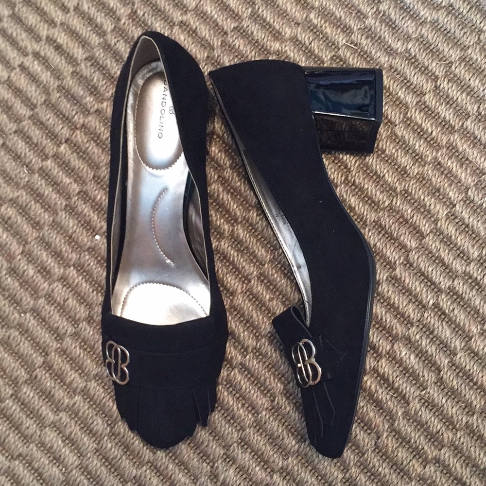 Black suede block heel pumps